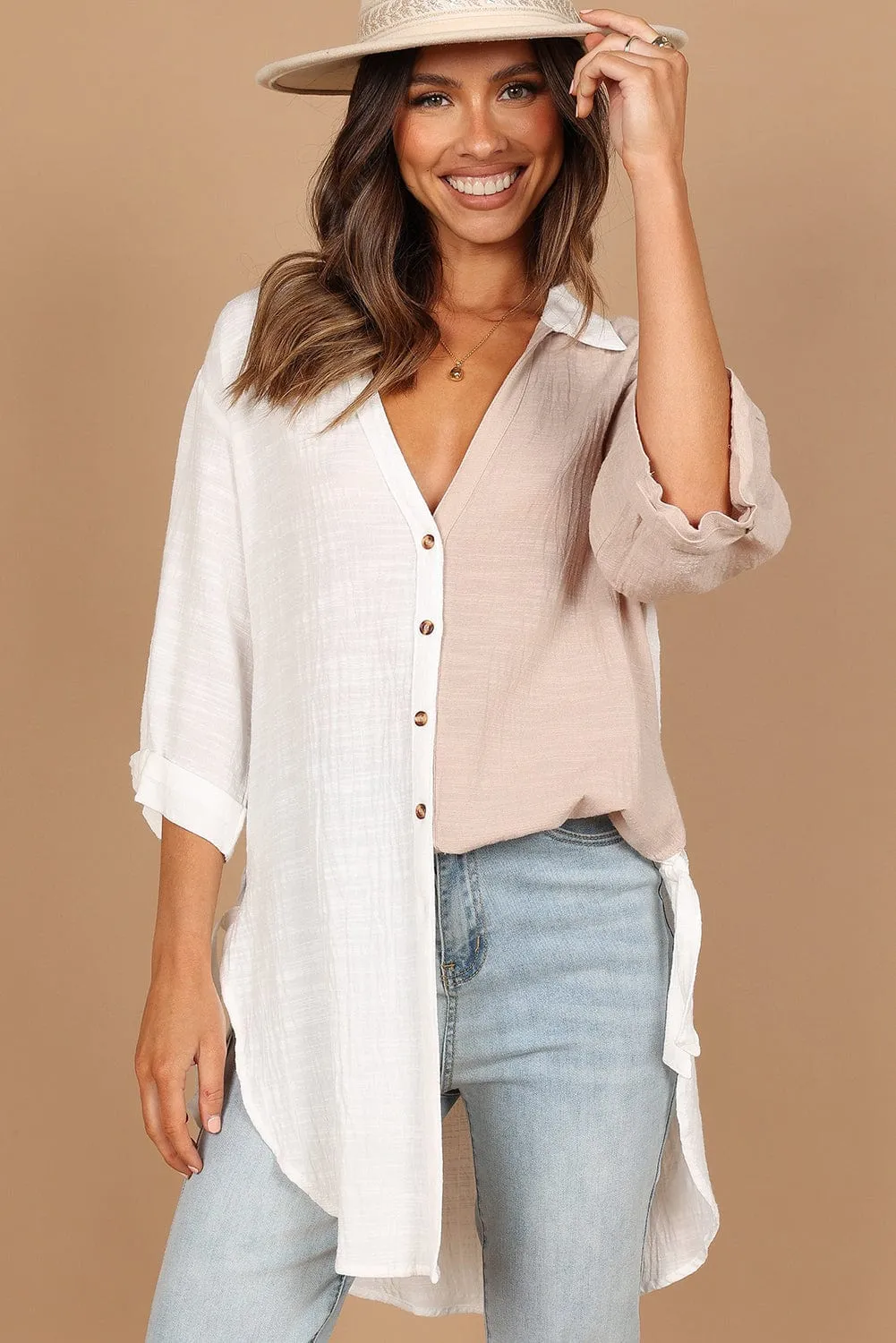3/4 Sleeve Button-Up Shirt with Contrast Panels