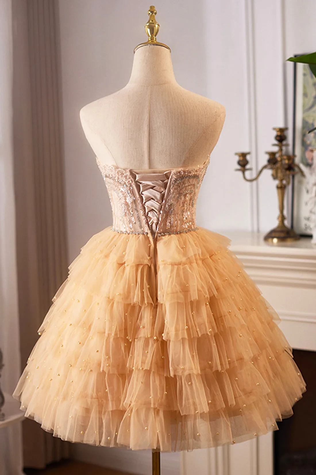 A-Line Tulle Sequins Knee Length Party Dress, Lovely Strapless Prom Evening Dress