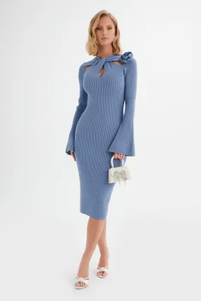 ALIA Knitted Ribbed Corsage Midi Dress In Cornflower Blue