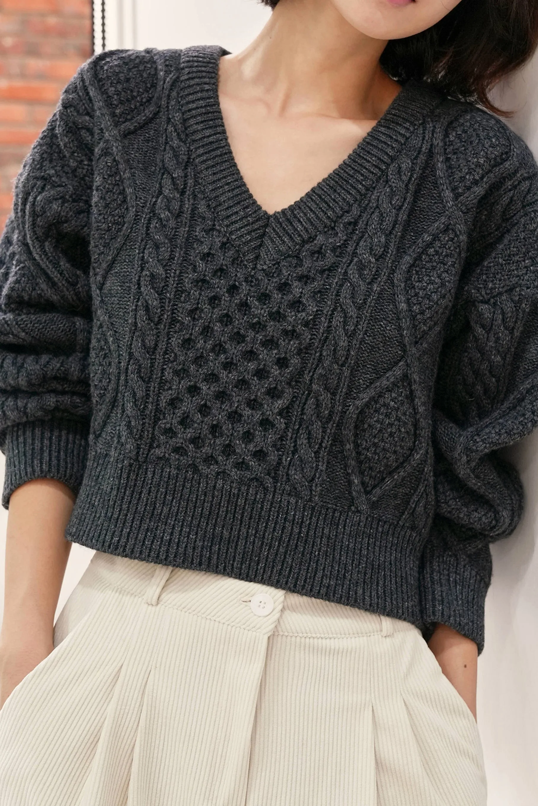 Allyson Wool Knit Top, Charcoal