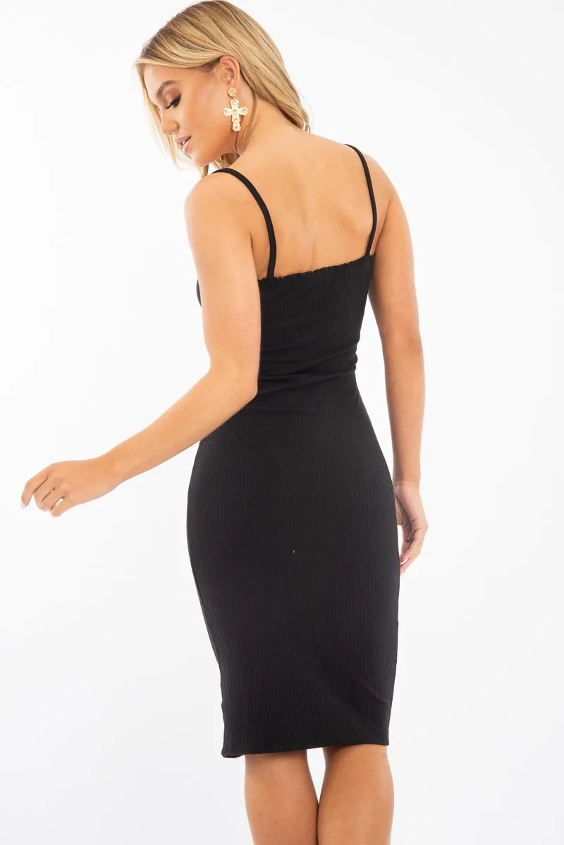 Black Ribbed Frill Edge Midi Dress - Aalani