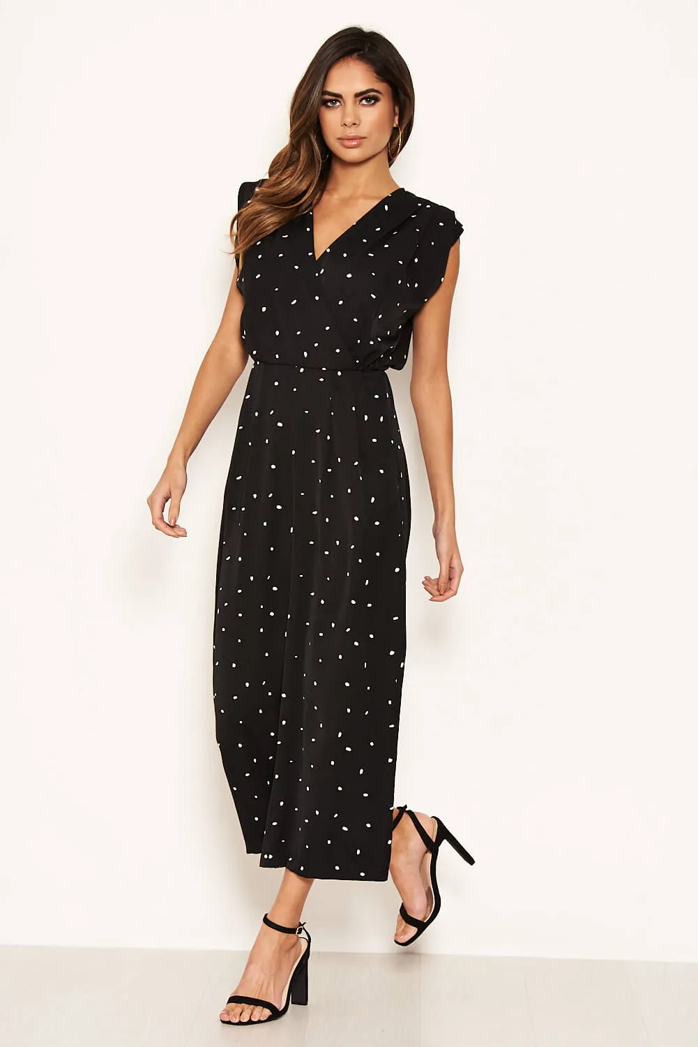 Black Spotty Wrap Culotte Jumpsuit