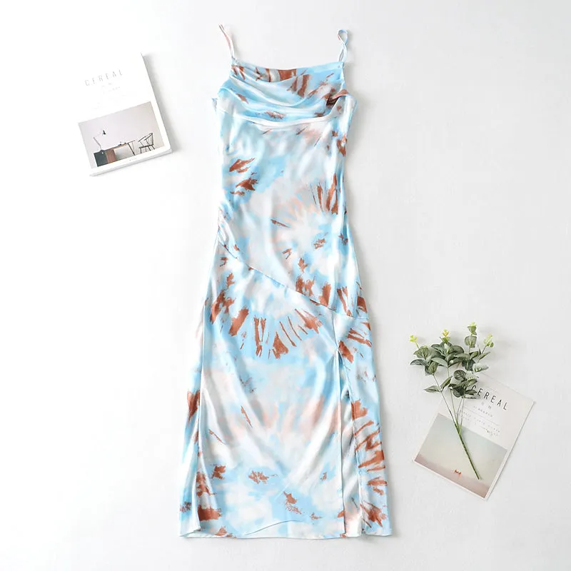 Boho Midi Dress, Strappy, Tie Dye Print Blue Neon