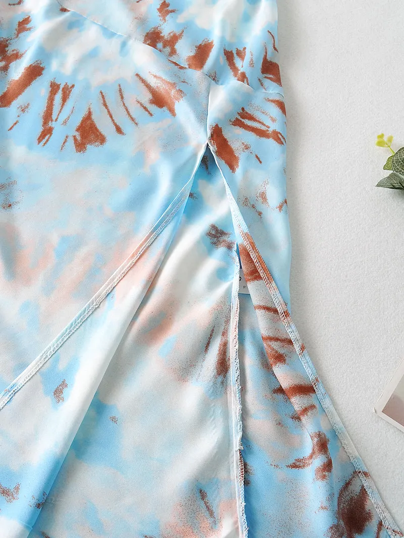 Boho Midi Dress, Strappy, Tie Dye Print Blue Neon