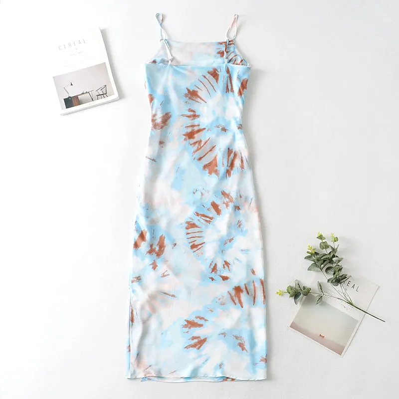 Boho Midi Dress, Strappy, Tie Dye Print Blue Neon
