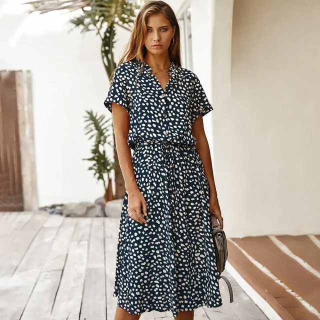 Boho Midi Dress,  Sundress, Quinn Polka Dot in Green and Navy Blue