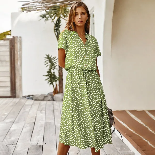 Boho Midi Dress,  Sundress, Quinn Polka Dot in Green and Navy Blue