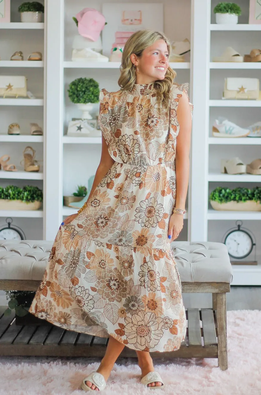 Brown Floral Midi Dress