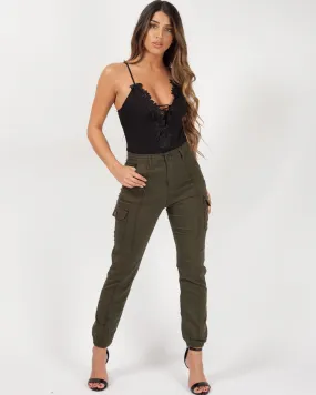 Carlia Cuffed Hem Cargo Trousers In Khaki