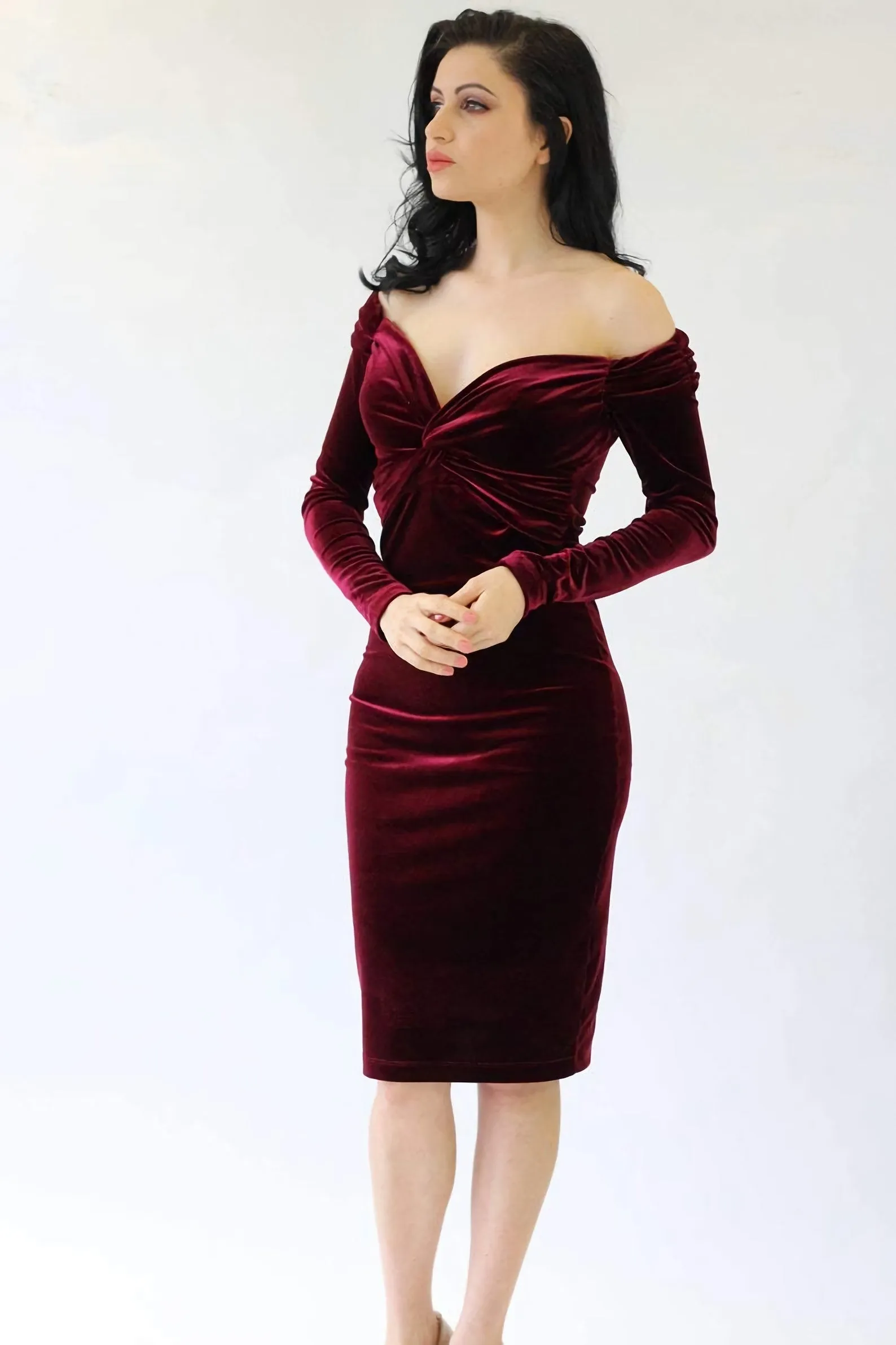 Cocktail Dress Burgundy Velvet Dress Midi Dress Evening Dress Party Dress Mid Length Dress