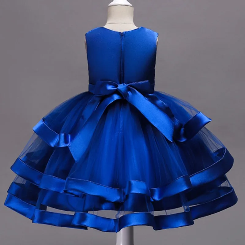 Frilled Floral Blue Dress, Size 3-10 Yrs