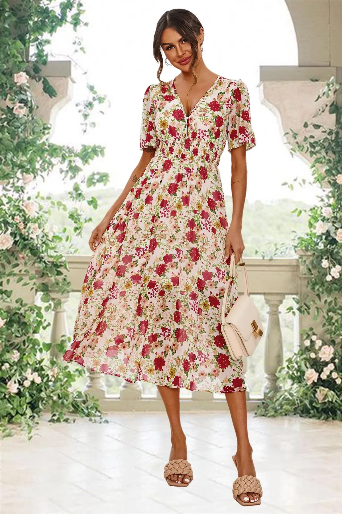 FS Collection Red Floral Print Angel Sleeve Midi Dress In White
