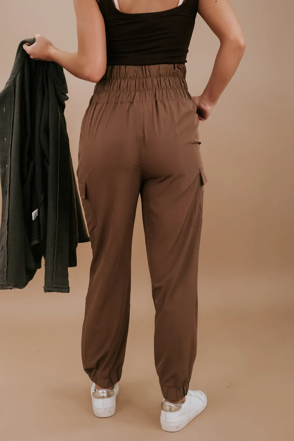 High Waisted Paperbag Joggers, Brown