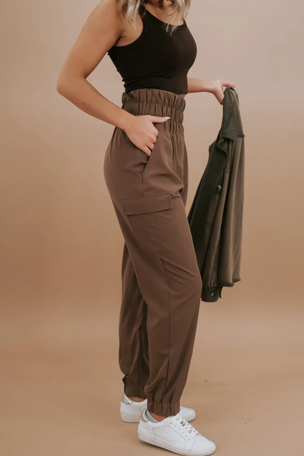 High Waisted Paperbag Joggers, Brown