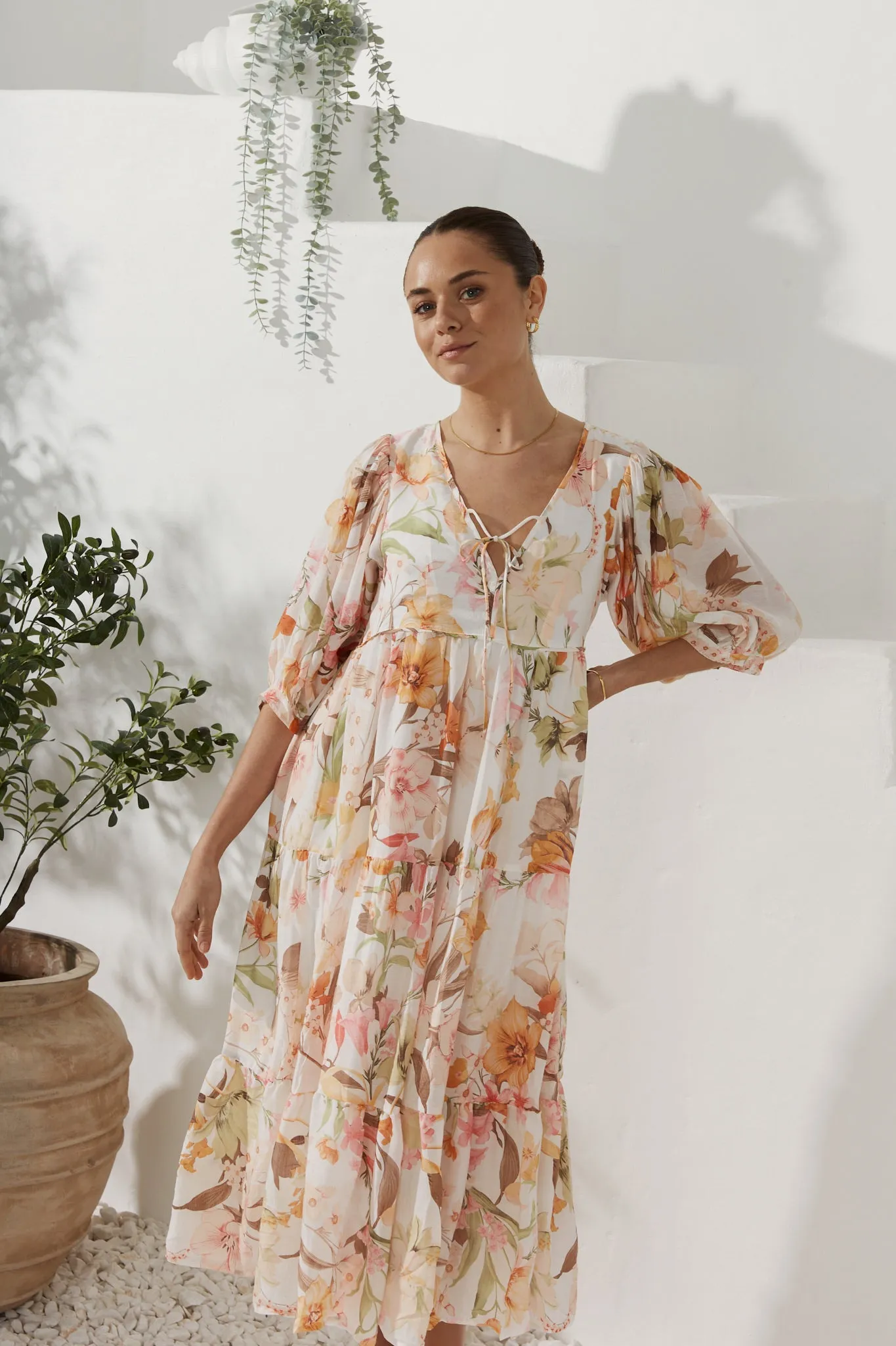 Lillian Orange Floral Midi Dress