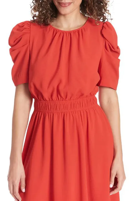 London Times Shirred Jewel Neck Puff Sleeve Midi Dress