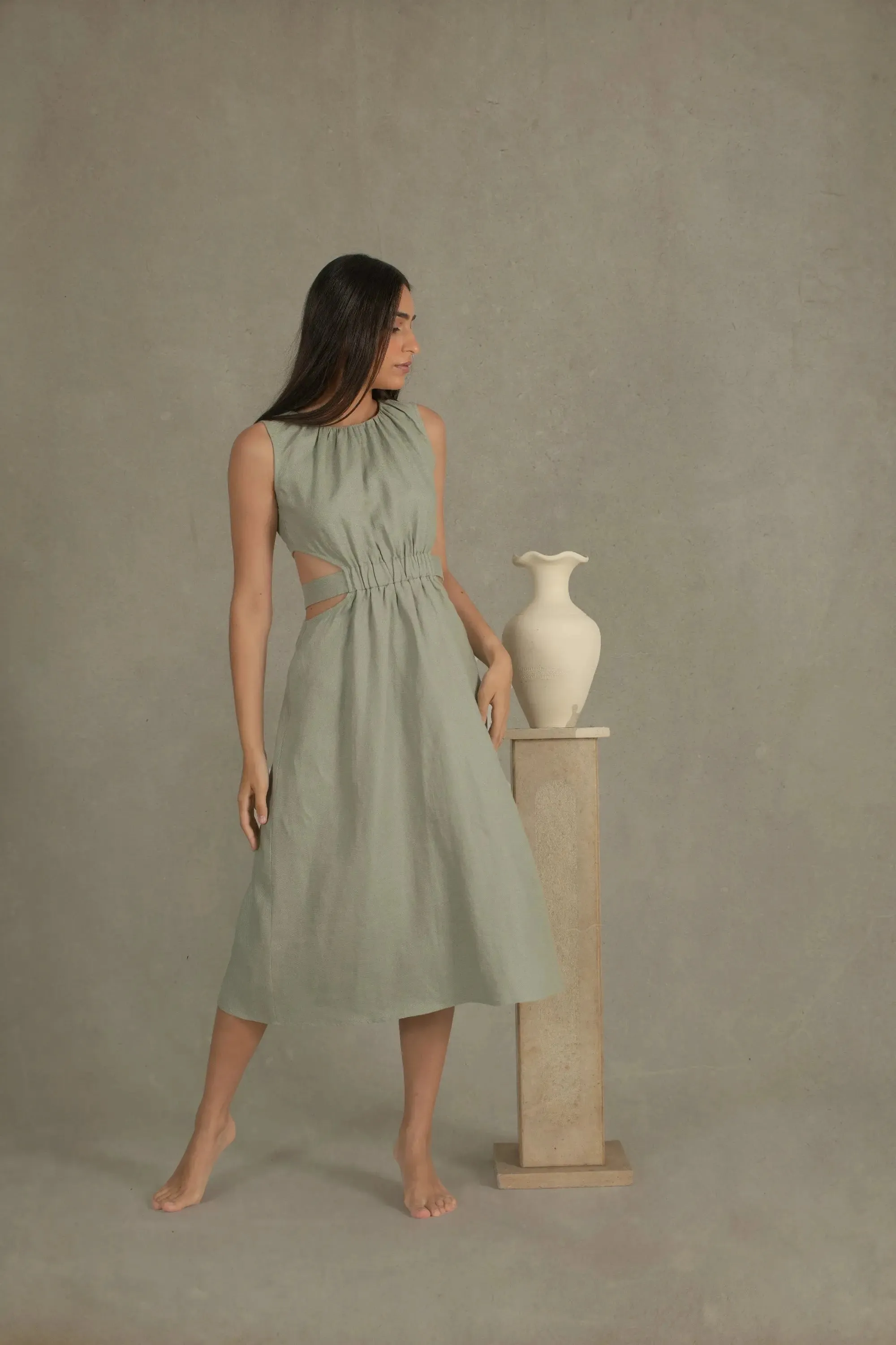 Luciole Linen Midi Dress Sage Green