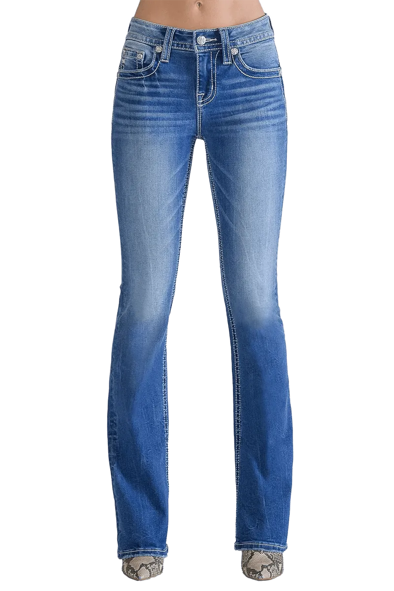 Miss Me Women's Mid-Rise Longhorn Boot Cut Straight Denim Jeans