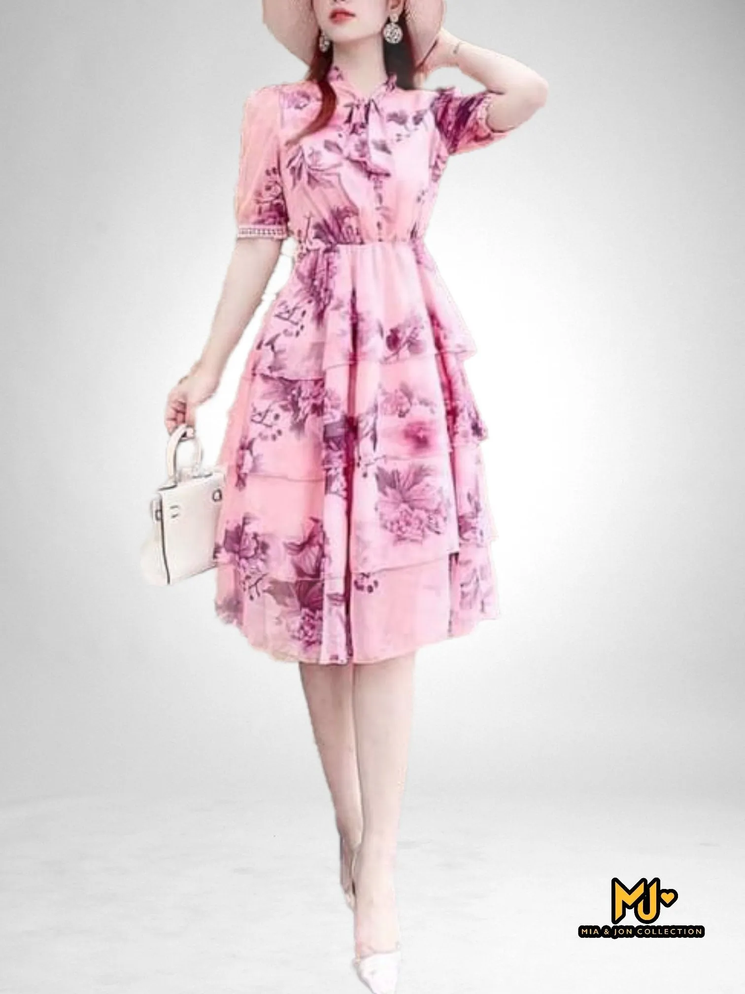 MJV1876 Tie Neck Chiffon Midi Dress