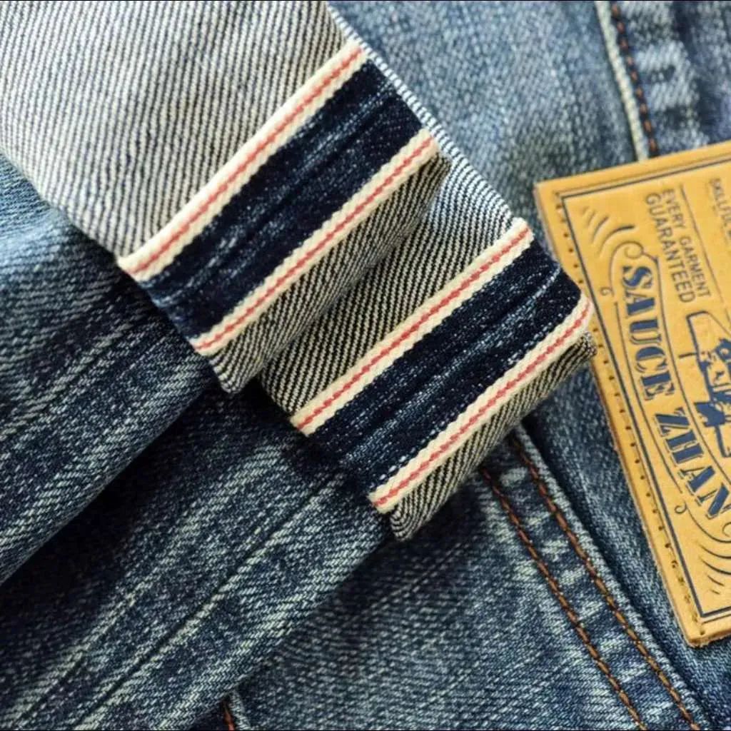 Sanded whiskered selvedge jeans