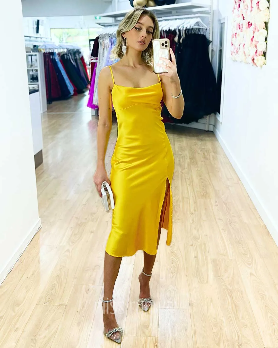 Sandrine Satin Midi Dress - Yellow