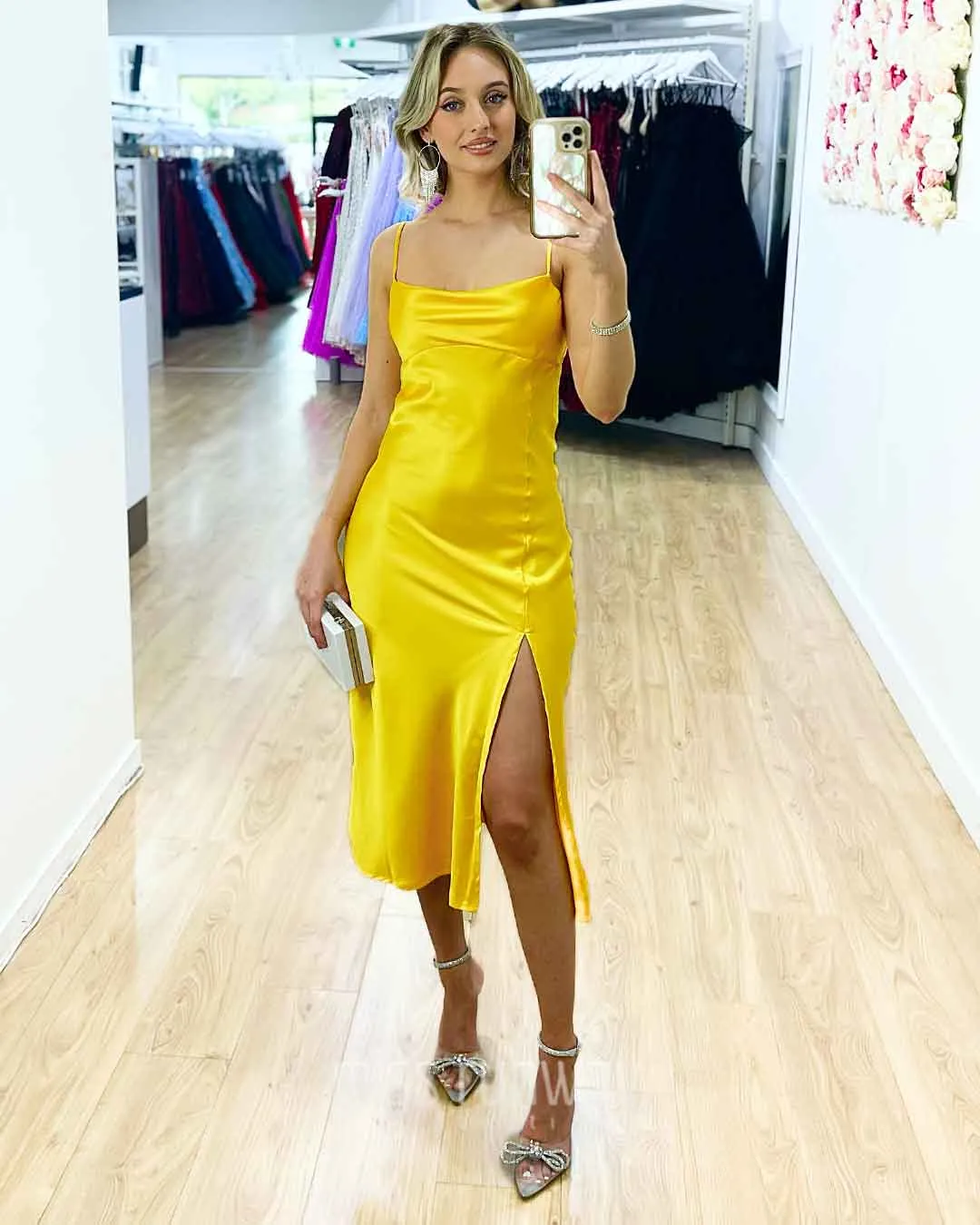 Sandrine Satin Midi Dress - Yellow
