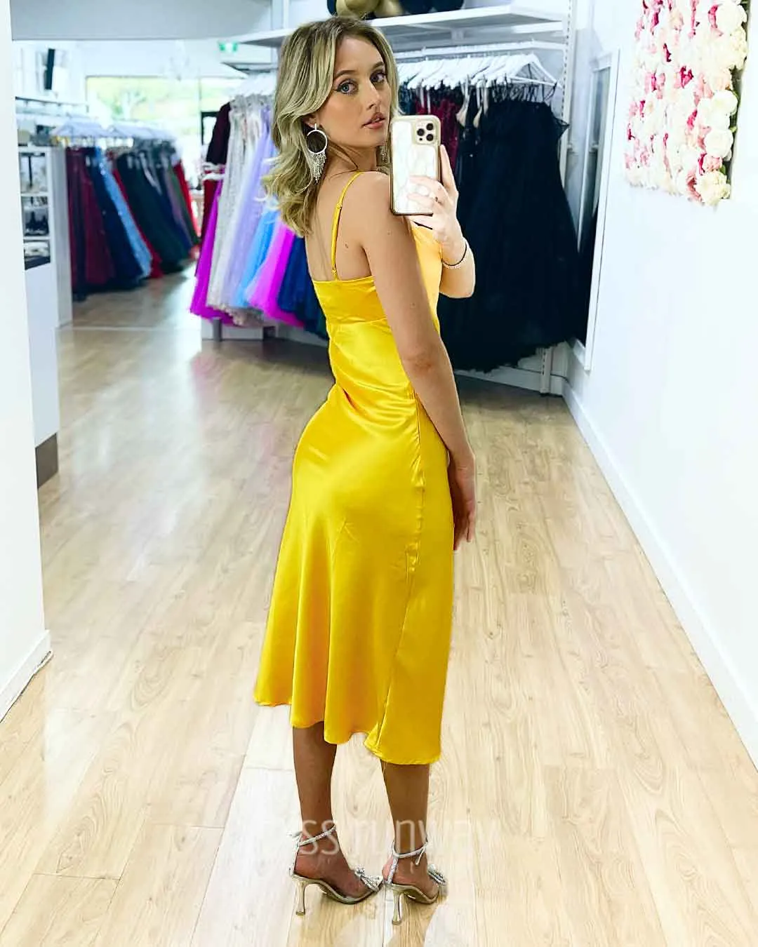 Sandrine Satin Midi Dress - Yellow