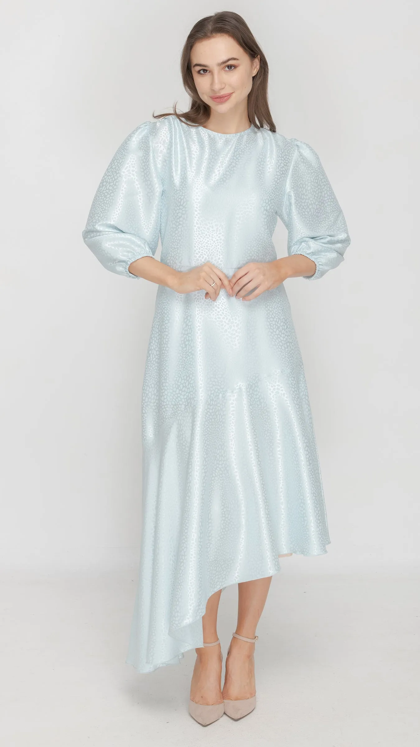 Satin Asymmetrical Dress - Patterned Powder Blue