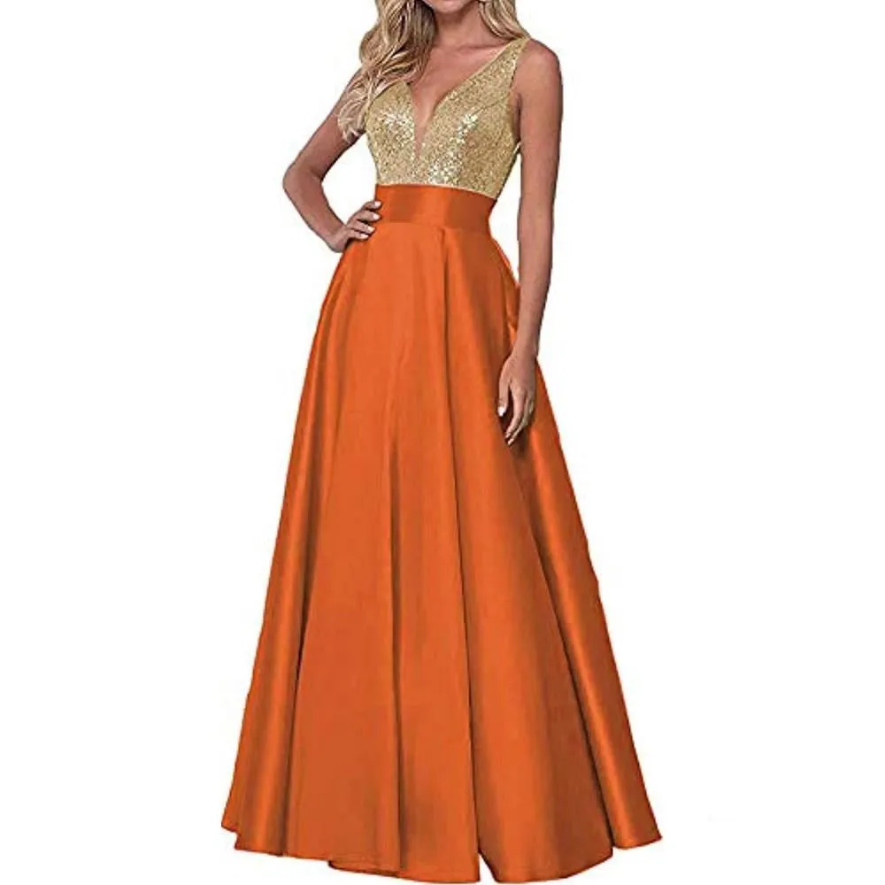 Satin Prom Gowns Sequin Top V Neck Bridesmaid Dresses