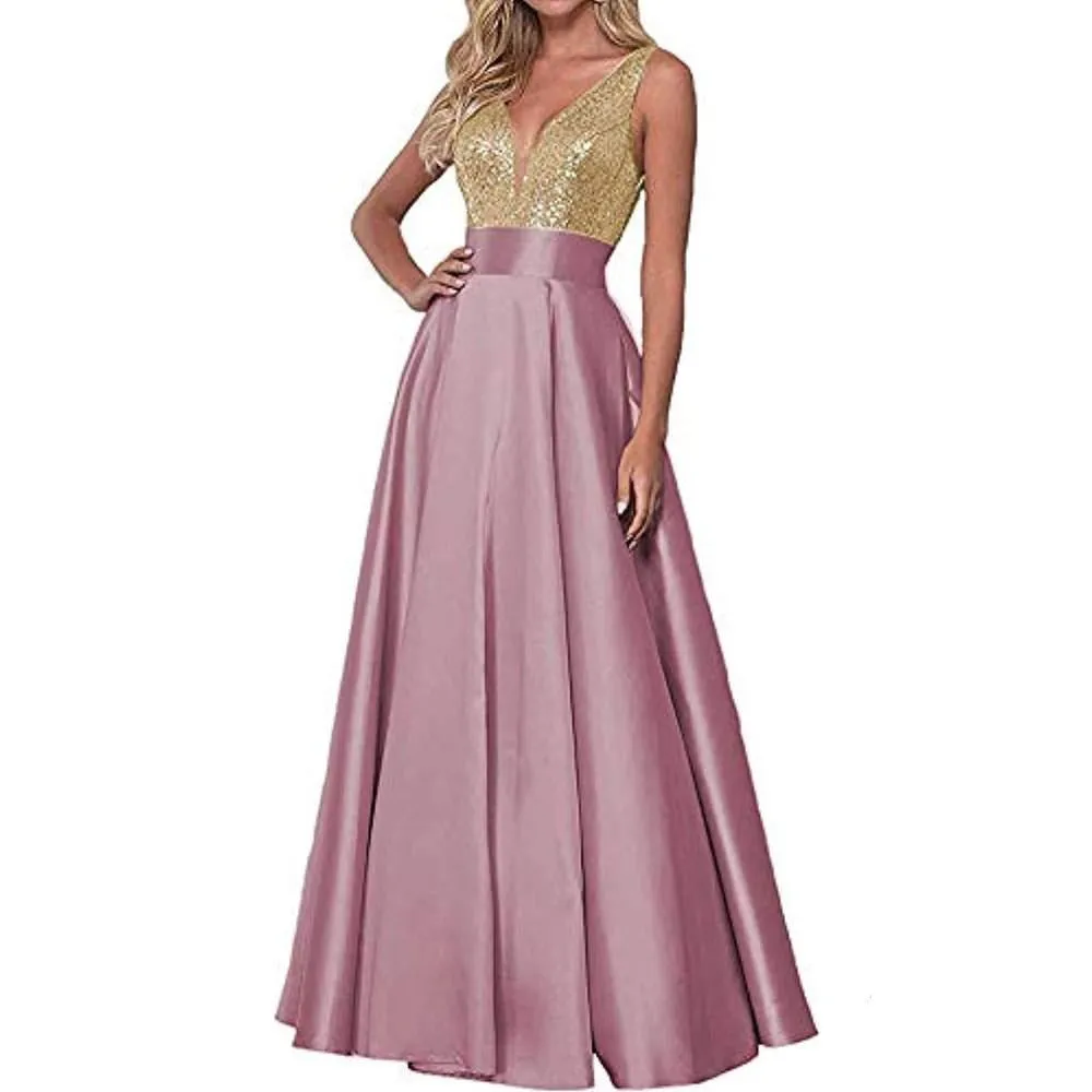 Satin Prom Gowns Sequin Top V Neck Bridesmaid Dresses