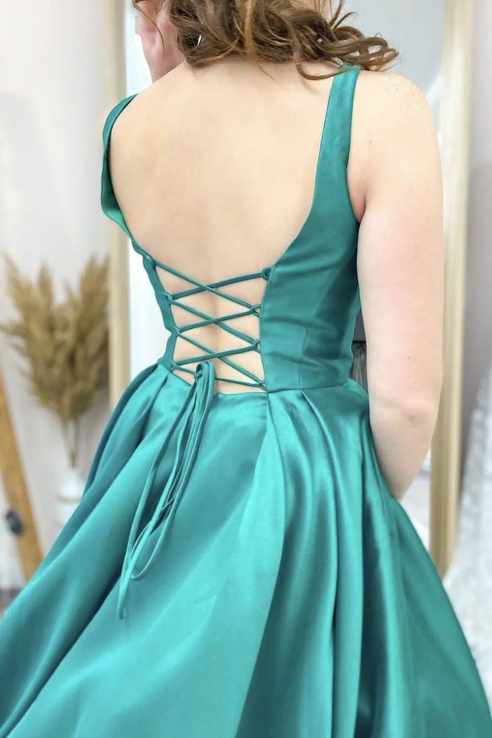 Simple Open Back Green Satin Long Prom Dress, Long Green Formal Graduation Evening Dress A1357