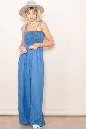 Smocked  Denim Jumpsuit