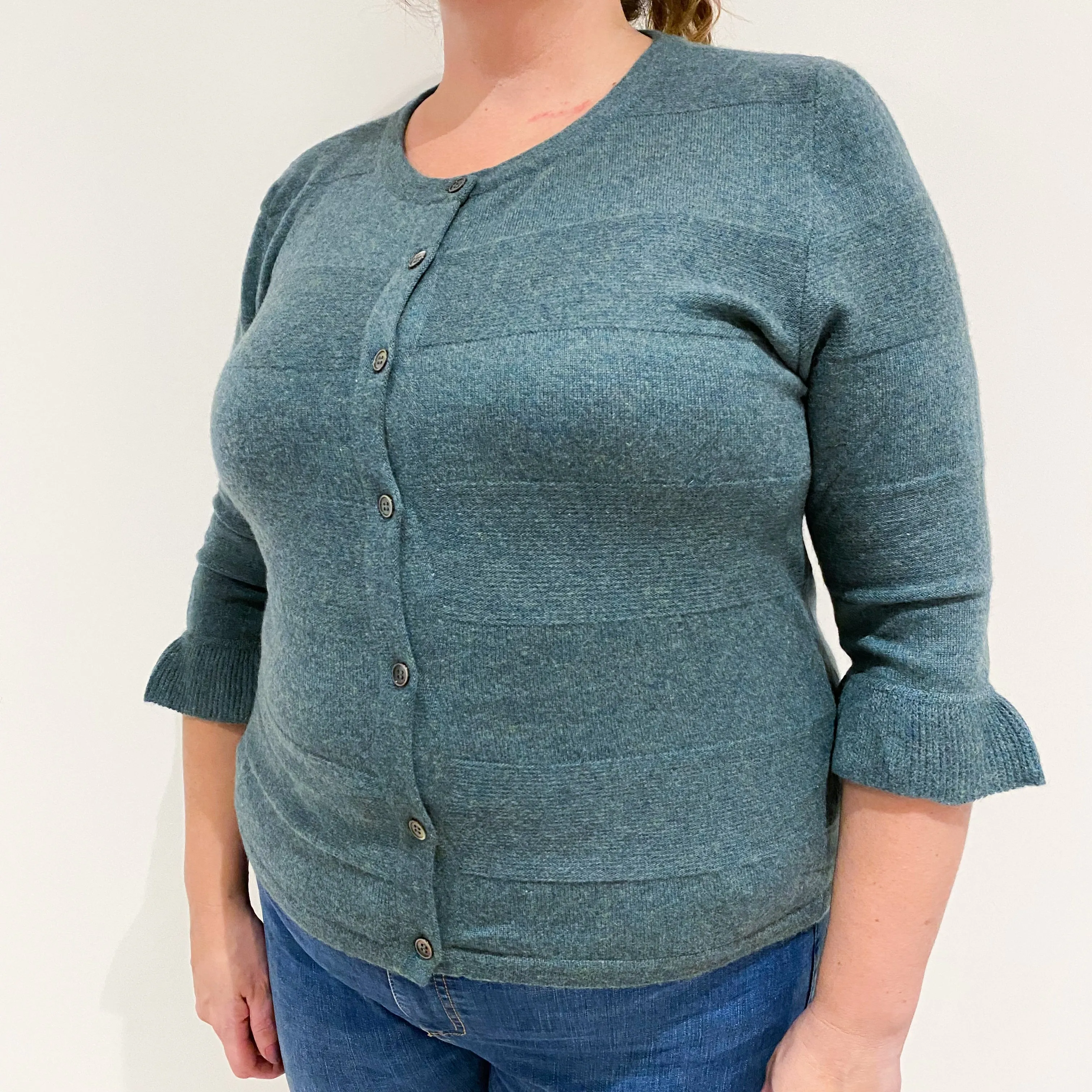 Spruce Green Self Striped Cashmere Crew Neck Cardigan Extra Large