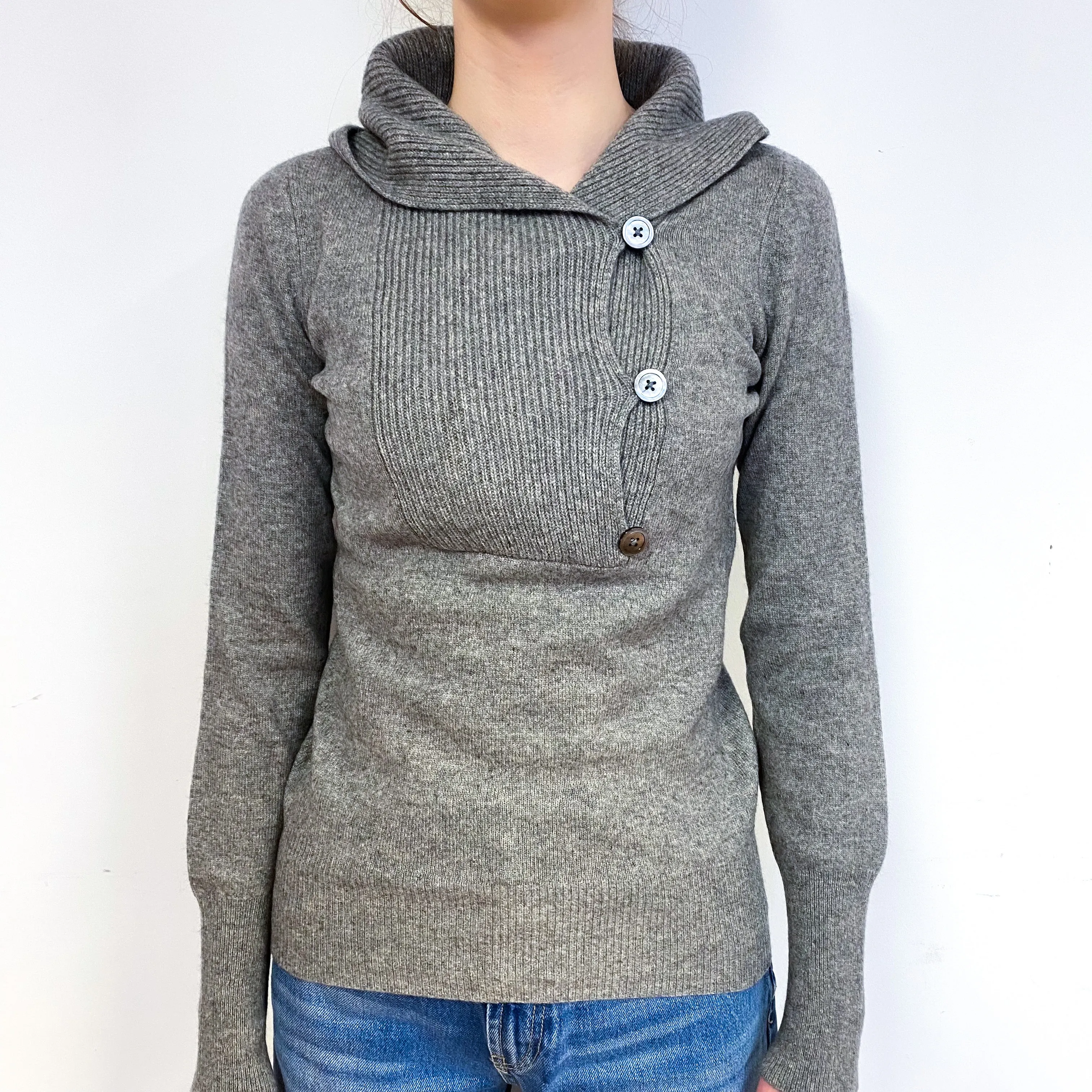Steel Grey Cashmere Button Neck Hoodie Jumper Extra Small