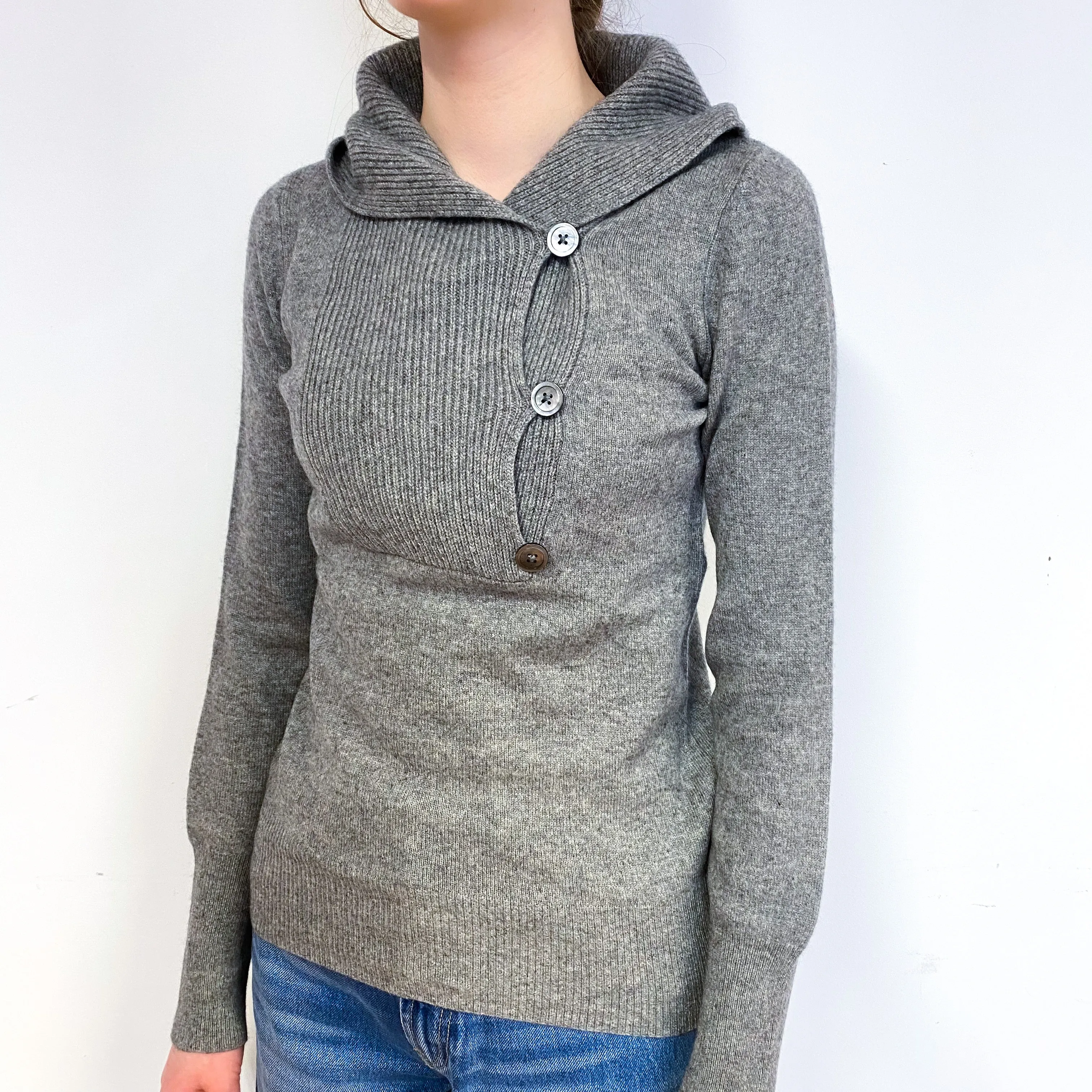Steel Grey Cashmere Button Neck Hoodie Jumper Extra Small