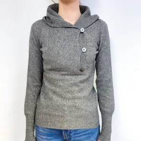 Steel Grey Cashmere Button Neck Hoodie Jumper Extra Small