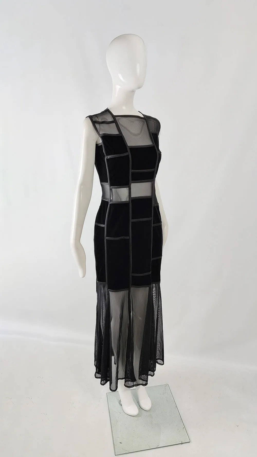 Tadashi Vintage Black Velvet & Sheer Mesh Evening Dress, 1990s