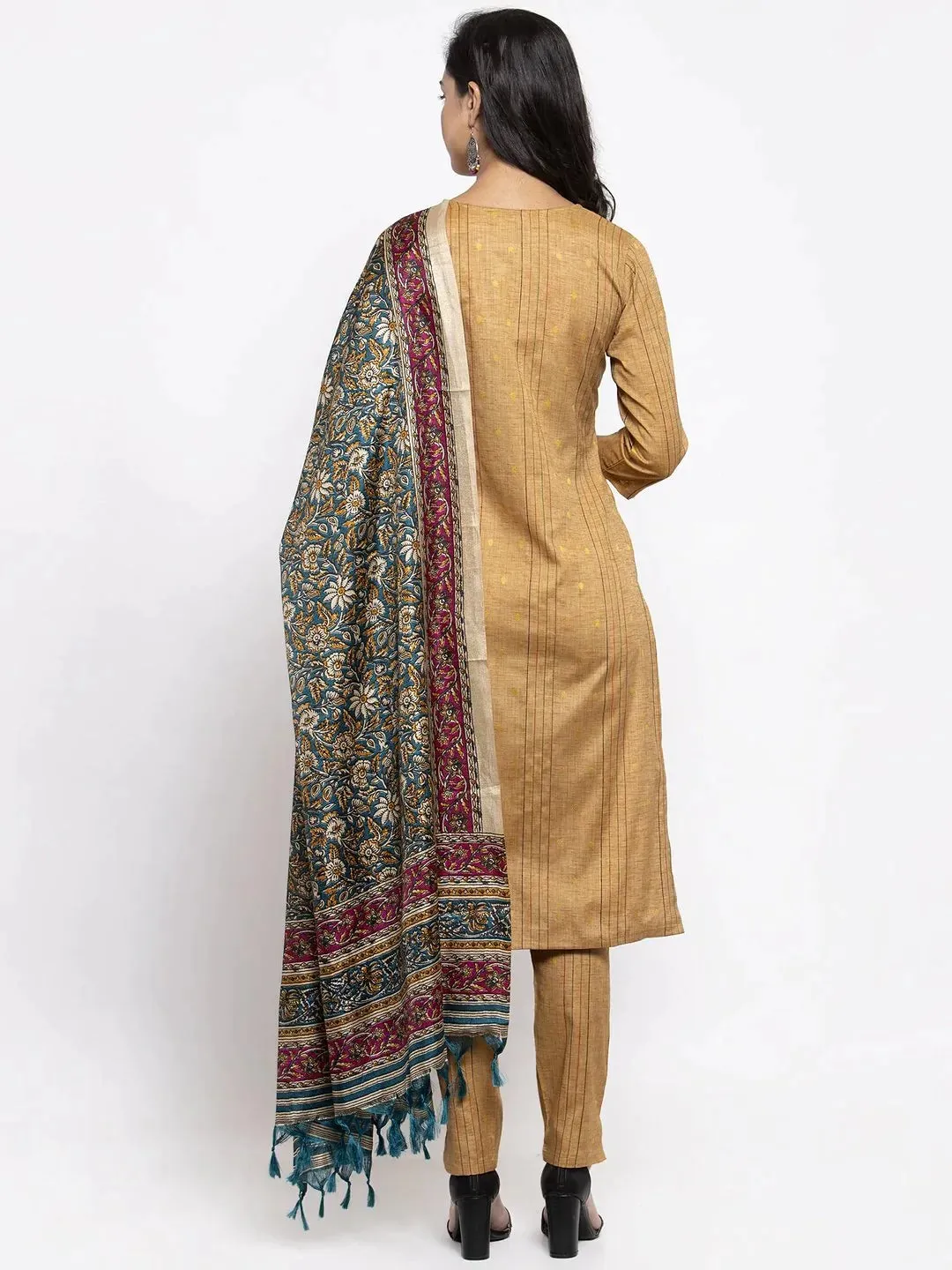 Women Beige & Black Striped Kurta With Trousers & Green Printed Dupatta