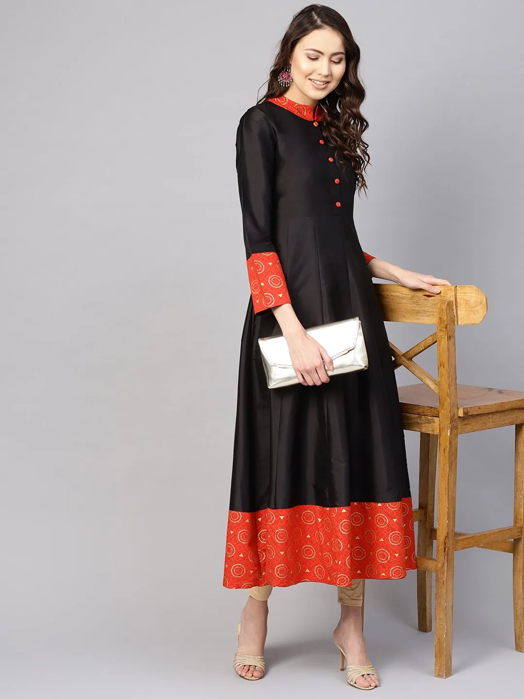 Women Black & Red Solid Midi Fit And Flare Dress